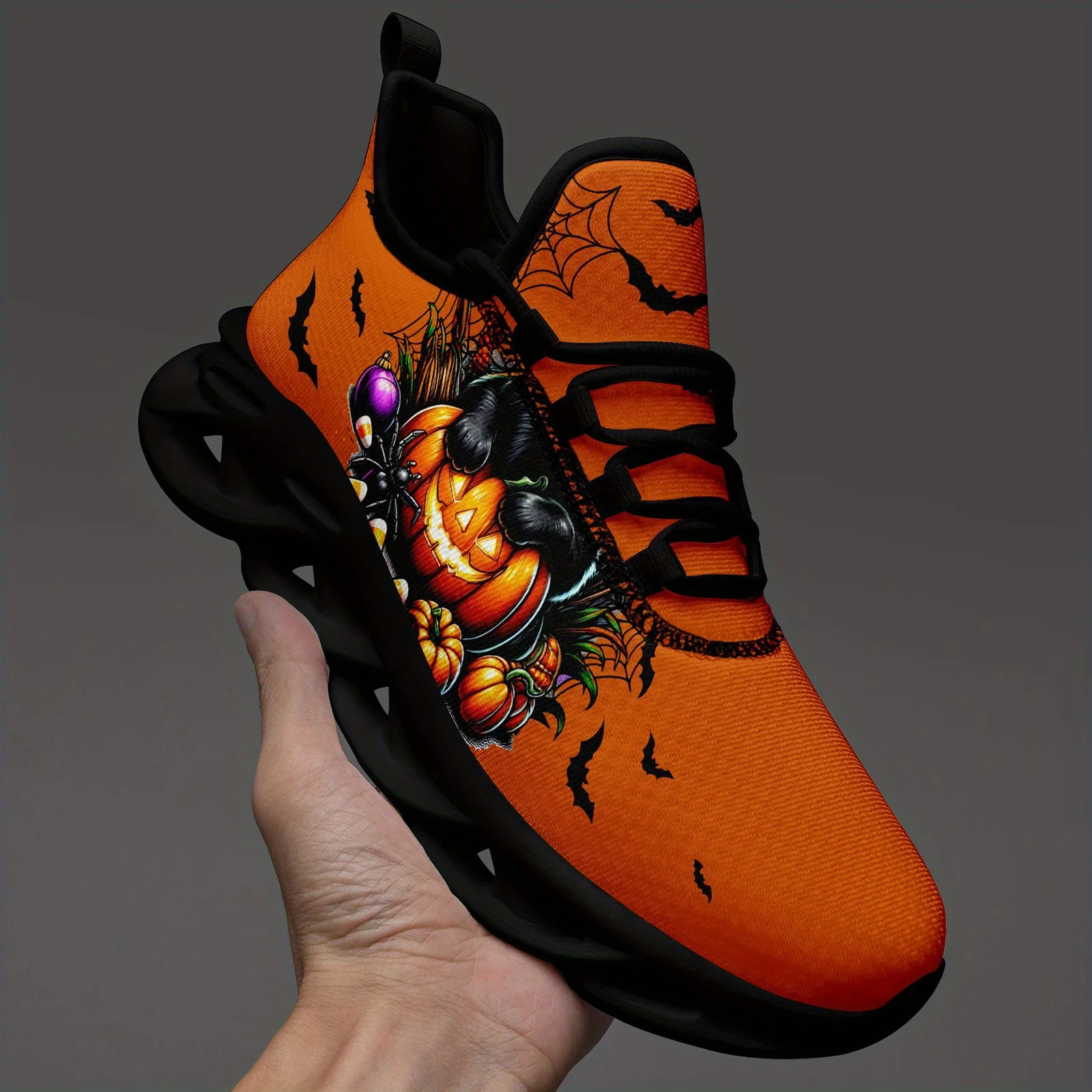 Custom Men's Halloween Spooky Pumpkin & Bat Design Casual Sneakers, Trick Or Treat Casual Shoes, Unique Sports Shoes, Fashion St