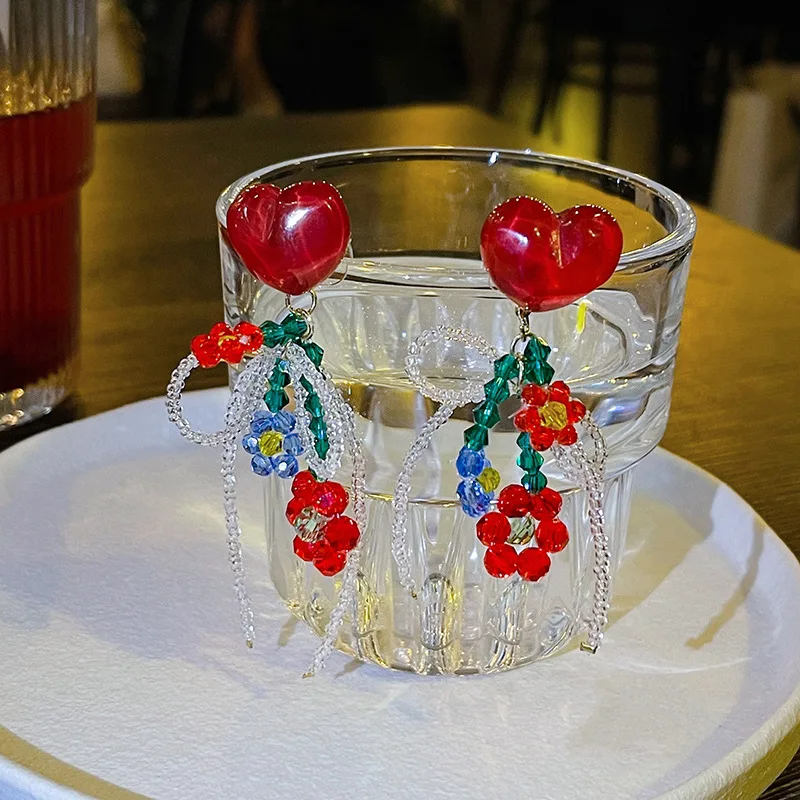 New Love Flower Bow Earrings Summer Cute Style Fashion Handmade Beaded Women\'s Sweet Earrings