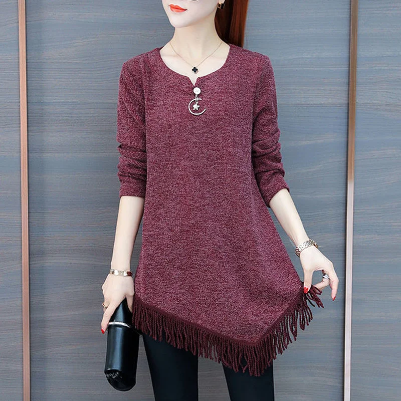 Women\'s Tassel Patchwork T Shirts Long Sleeve O-Neck Solid Color Asymmetrical Loose Tops Tees Elegant Vintage Spring Autumn New