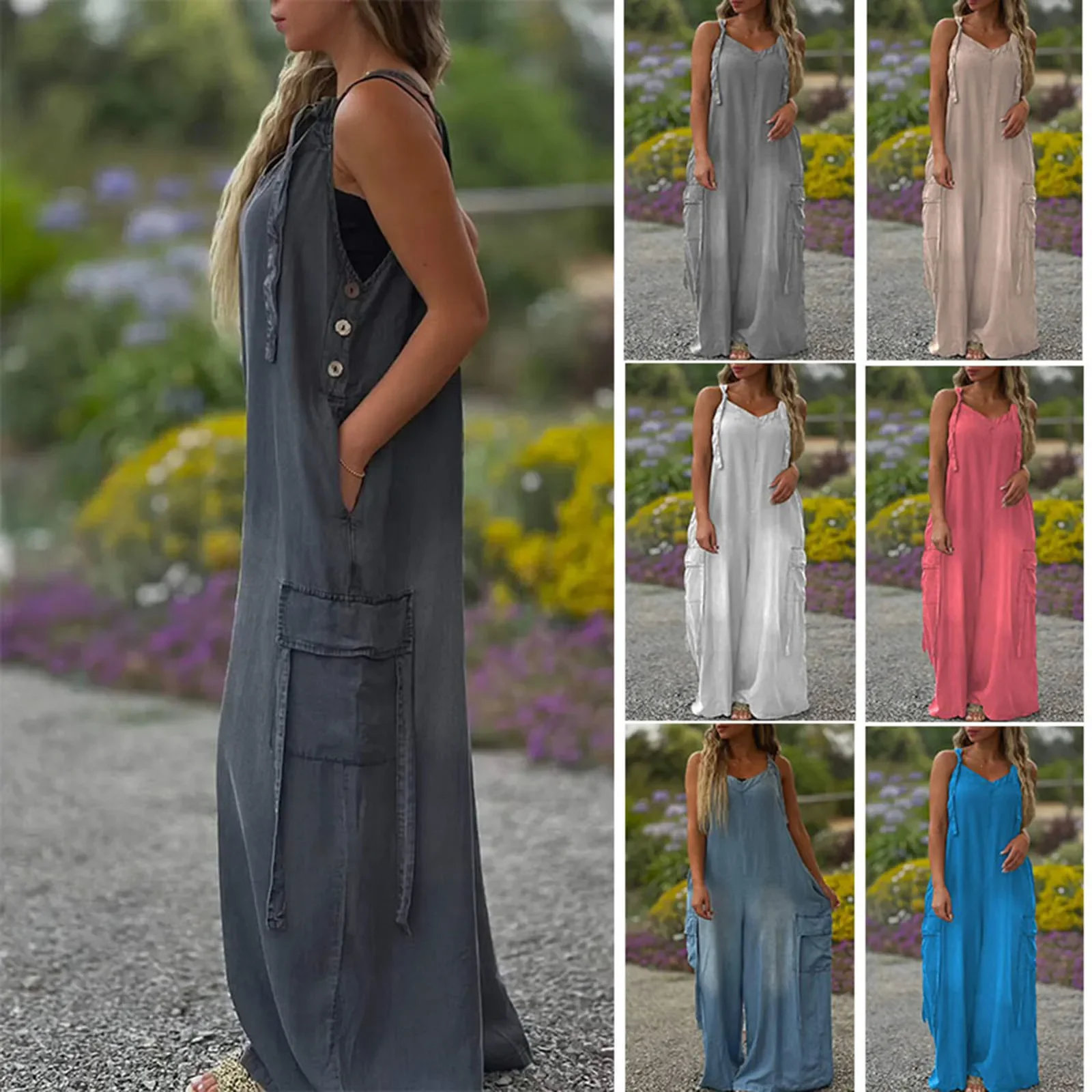 Loose Fit Women Jumpsuit Stylish Sleeveless Women's Jumpsuit with Wide Legs Multiple Pockets V-neck Design for Casual Daily Wear