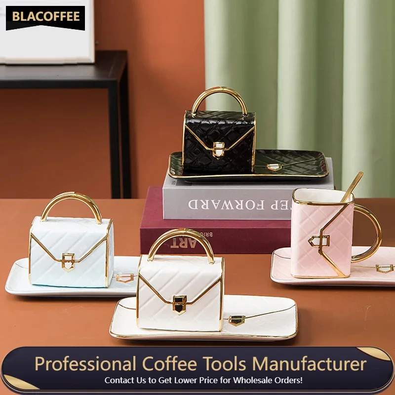 

Creative Bag Shape Ceramic Cup Saucer Golden Handle Mug Tea Cup Set Coffee Afternoon Tea Coffee Cups with Spoon and Saucer