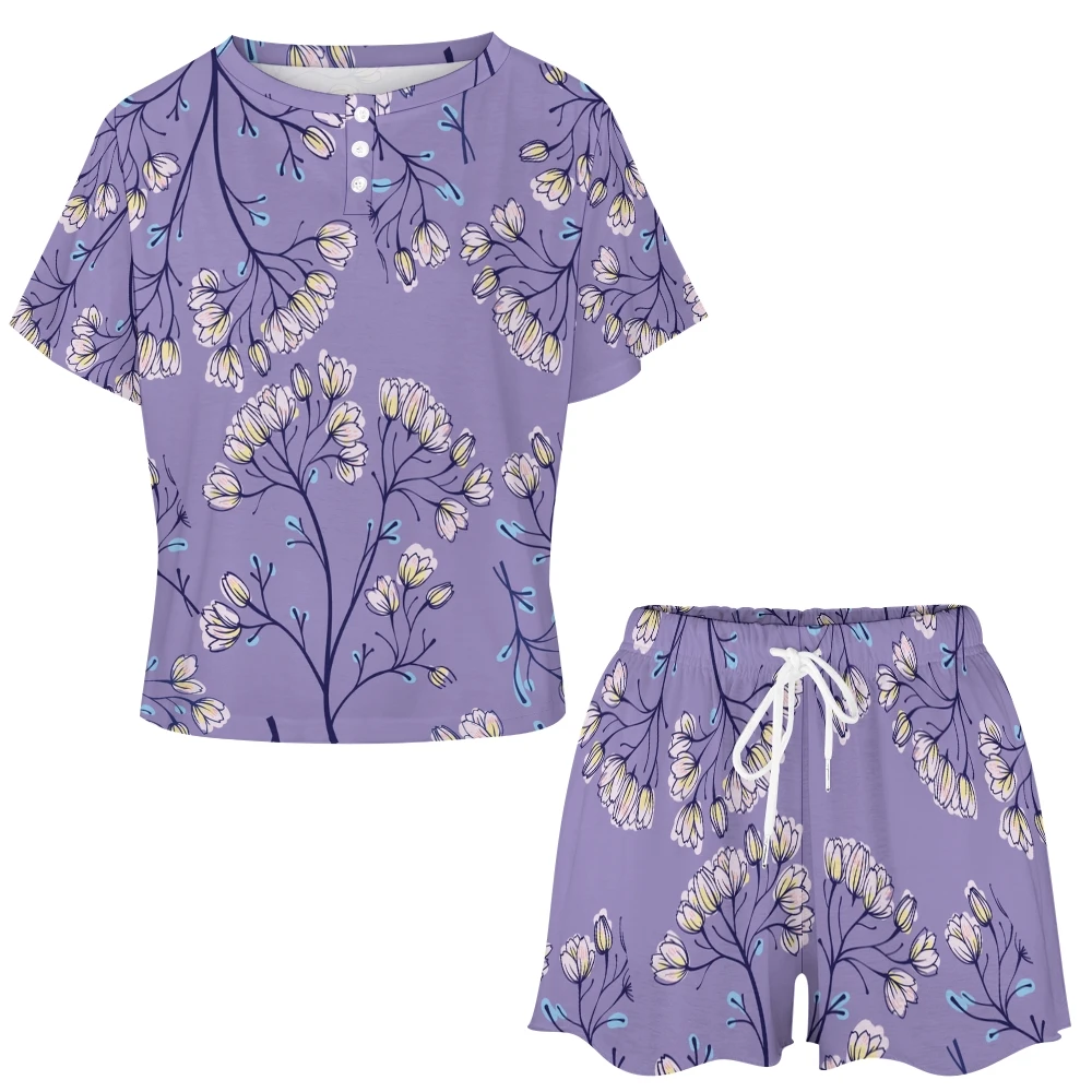 Lavender Floral Pattern Women's 2-Piece Button Down Short Sleeve Button Front Sleepwear Loungewear PJ Set Summer Home Suit