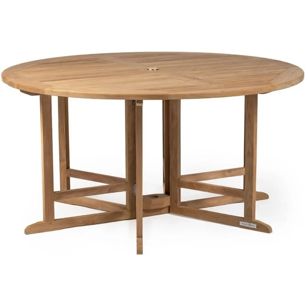 

Grade A Teak 59" Round Dining Table, Drop Leaf Design, Indoor Outdoor Patio Weather Resistant Solid Wood with Umbrella Hole