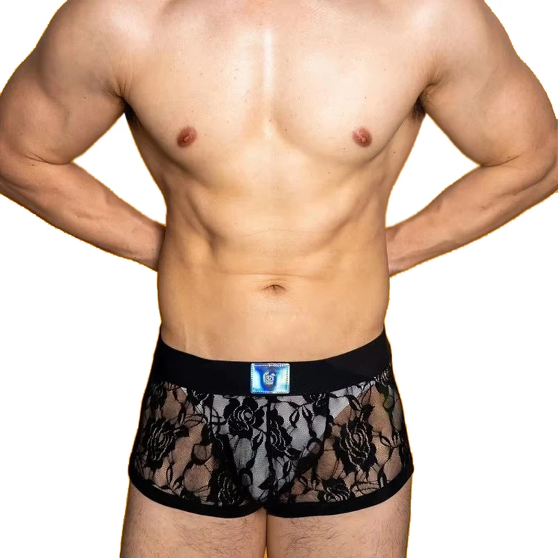 

Мужское нижнее белье с низкой талией, сексуальные кружевные боксеры, дышащие сетчатые прозрачные трусы-боксеры