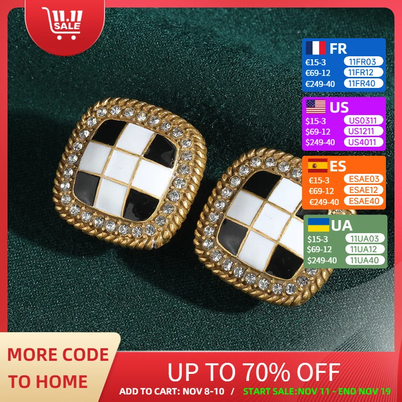 

Vintage Black White Pattern Square Earring Stud Rhinestone Antique Gold Color Women Luxury Quality Designer Jewelry Gift 2025