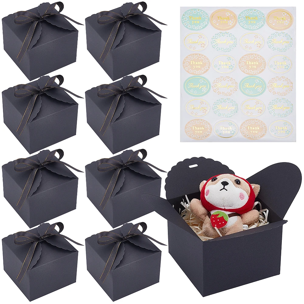 10 Pack 4.7 x 4.7 x 3.5 Inch Mini Wedding Favor Box Black Gift Boxes with Ribbon Small Thank You Sticker Square Empty Storage