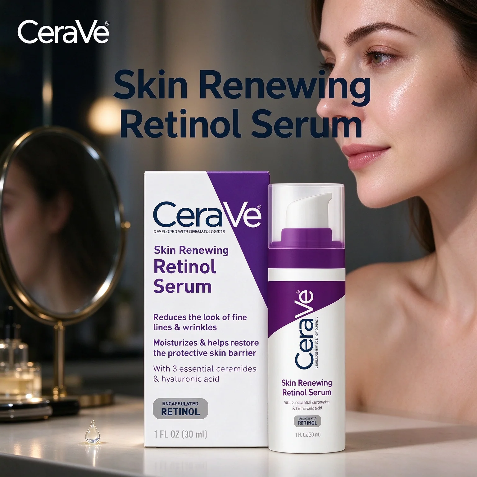 CeraVe Skin Renewing Retinol Serum 1 FL OZ /30ml Non-comedogenic Fragrance Free Anti Wrinkle Serum For Face