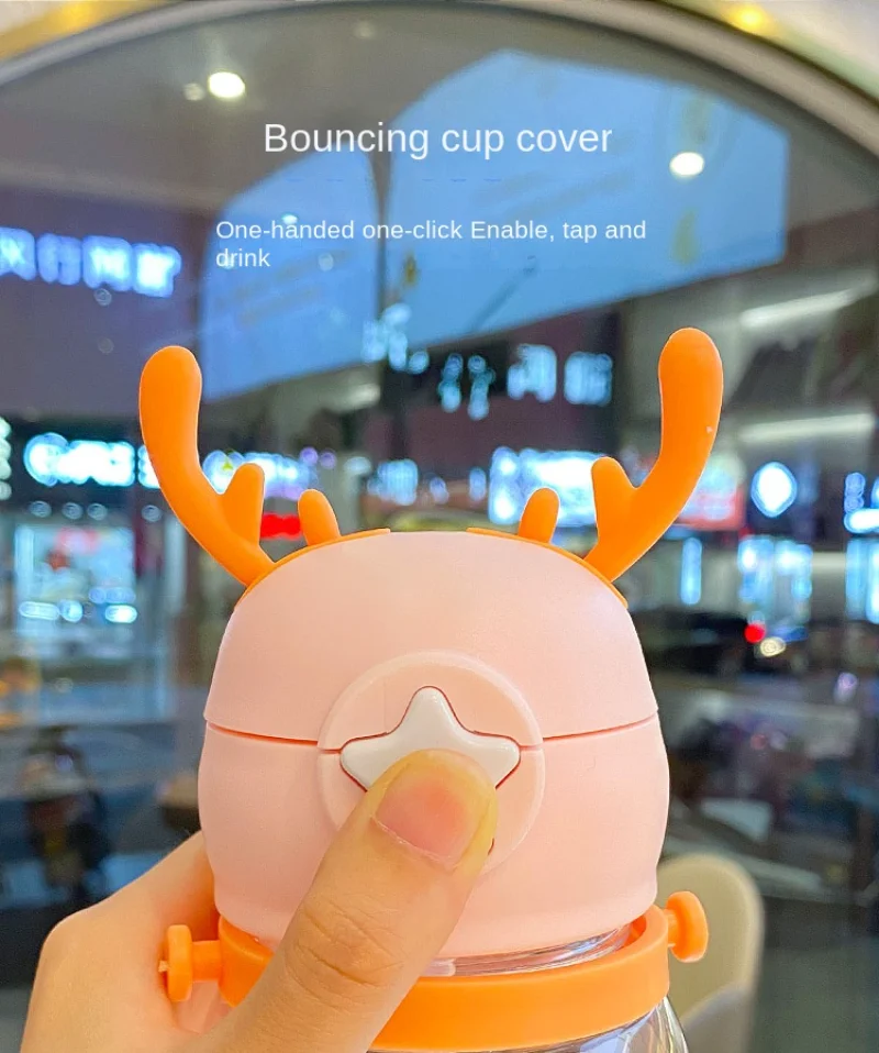 Cartoon Antlers Water Bottle For Kids Sippy Cups Water Bottle With Straw Baby Water Feeding Cups Portable Leakproof Water Bottle