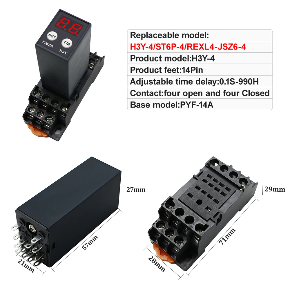 New Small Digital Display H3Y-2/H3Y-4 Time Relay Cycle Time Control Delayer 12V24V220V with Base Socket PYF08A/14A