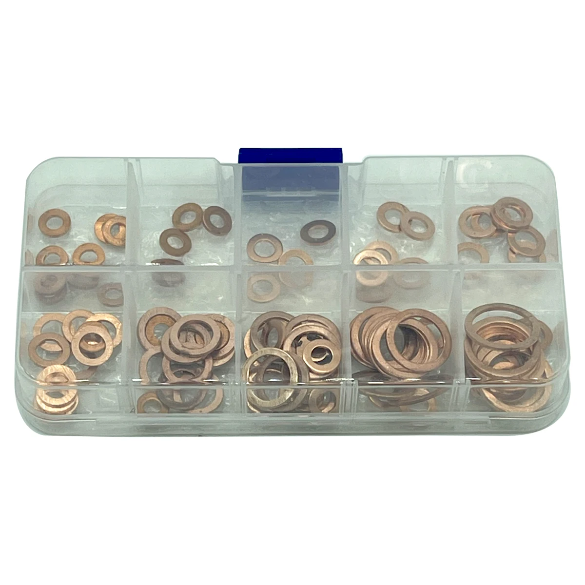 100Pcs Copper Washer Gasket Nut And Bolt Set Flat Ring Seal  Assortment Kit With Box M4/M5/M6/M8/M10/M12/M14 For Sump Plugs