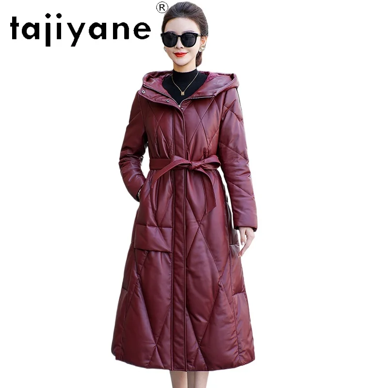 TAJIYANE Real Sheepskin Duck Down Coat Women Long Slim Belt Coats Chic Red Genuine Leather Jacket Winter Woman Clothes 2025 신상재킷