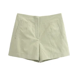 Tangada 2024 Women Green Cotton Linen Shorts Vintage High Waist Zipper Fly Female Short Pants 6P063