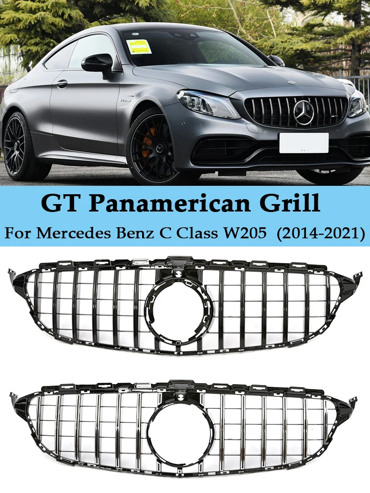 For Benz C Class W205 Front Grille Mercedes Panamericana GT Grill C180 C200 C300 C350 2014-2021 Silver Black Racing Facelift