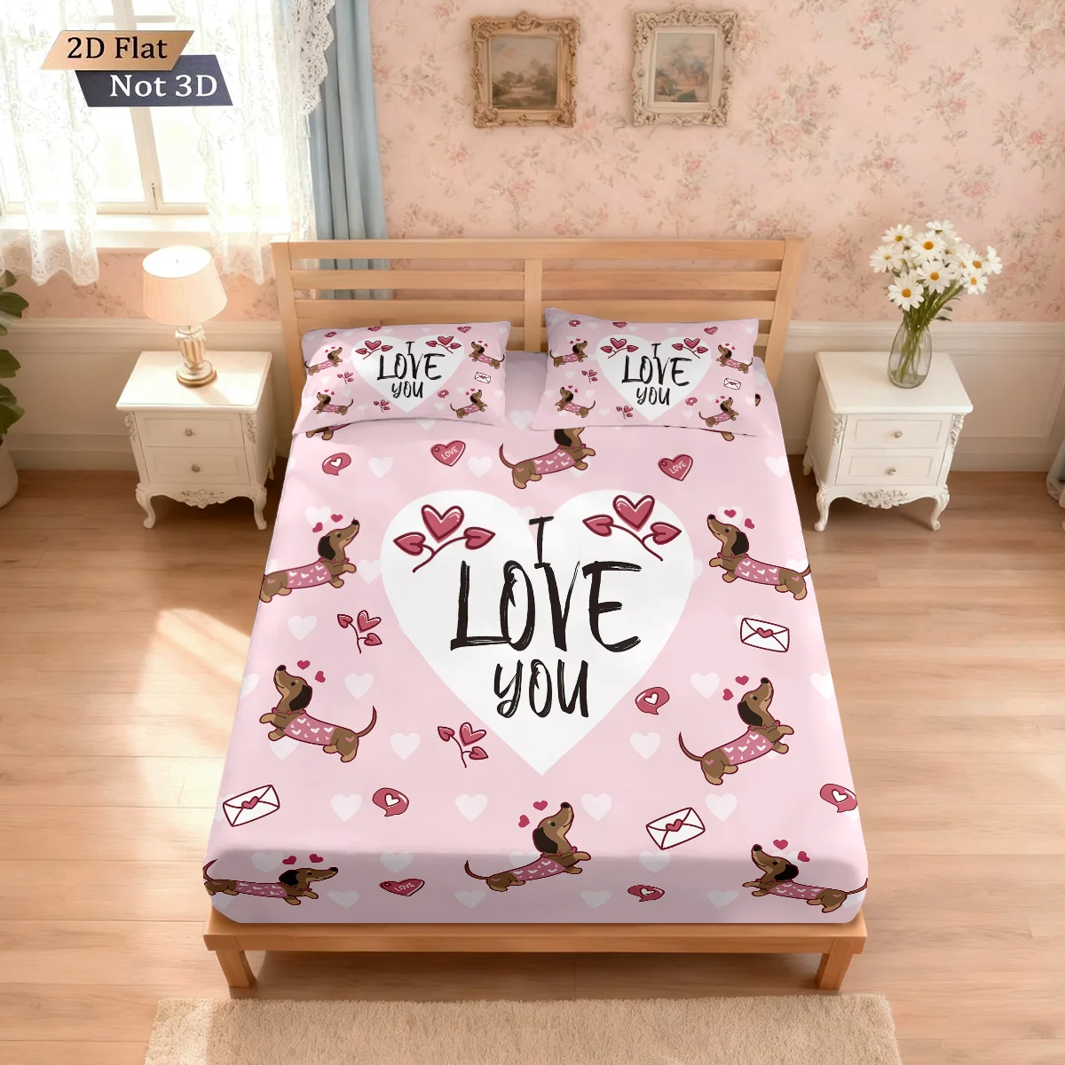 

3pcs Valentine's Day Romantic Sausage Dog Pink Printed Chipless Bed Sheet Set Multi Size Bedroom Bed Cover Decoration
