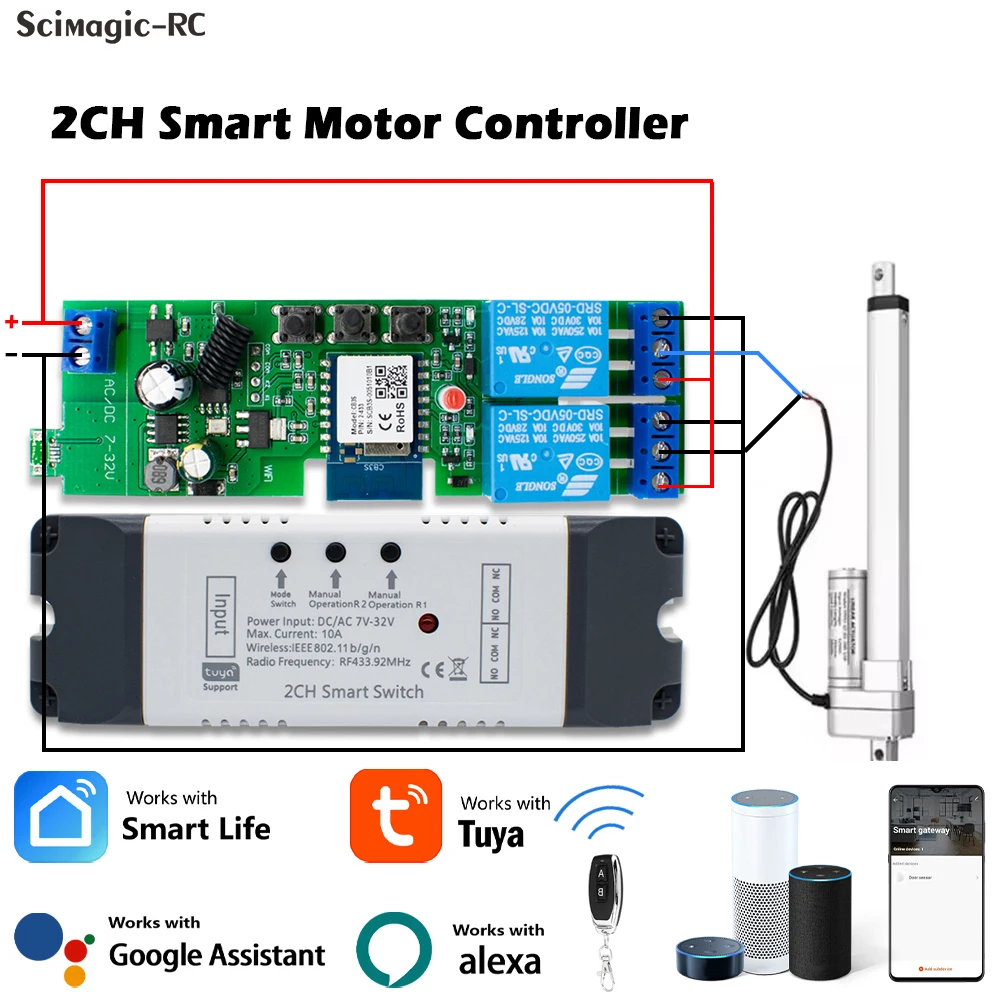 2 Channel Zigbee / Wifi Smart Switch Electric Line Actuator Motor Controller,DC AC 12V 24V RF433 Remote,2CH Pulse Relay Module