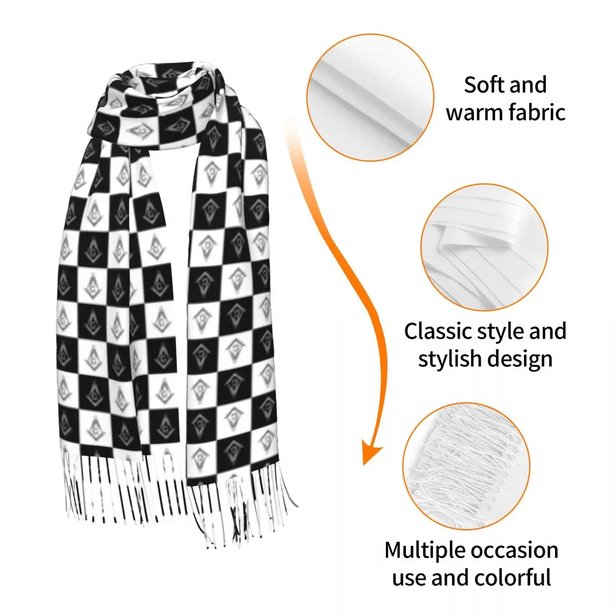 Freemason Checkered Black And White Pattern Tassel Scarf Soft Masonic Mason Shawl Wrap Female Winter Fashion Versatile Scarves