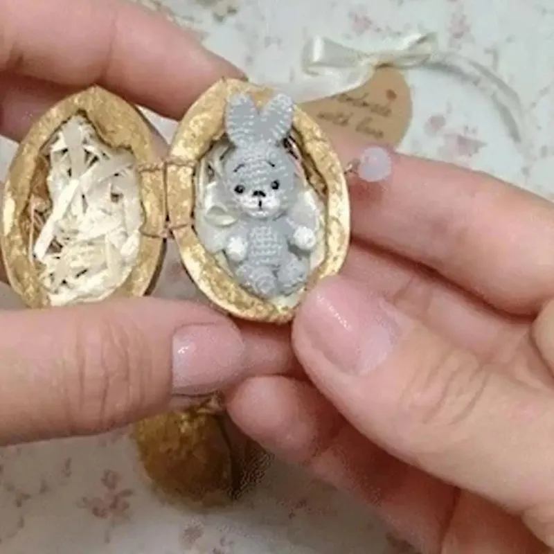 Concha de nogal, recuerdos de animales, Mini Animal de ganchillo en concha de nogal, oso conejito en miniatura con corazón de amor, regalo de soporte emocional