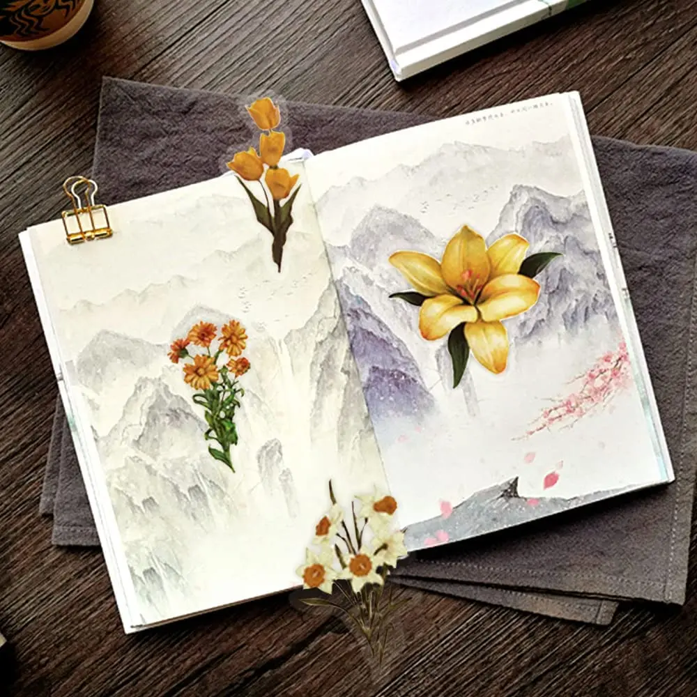 40 Adesivi Trasparenti Per Finestre Con Fiori - PET Con Dettagli Oro, Per Scrapbooking, Diario, Album E Decorazioni Fai Da Te