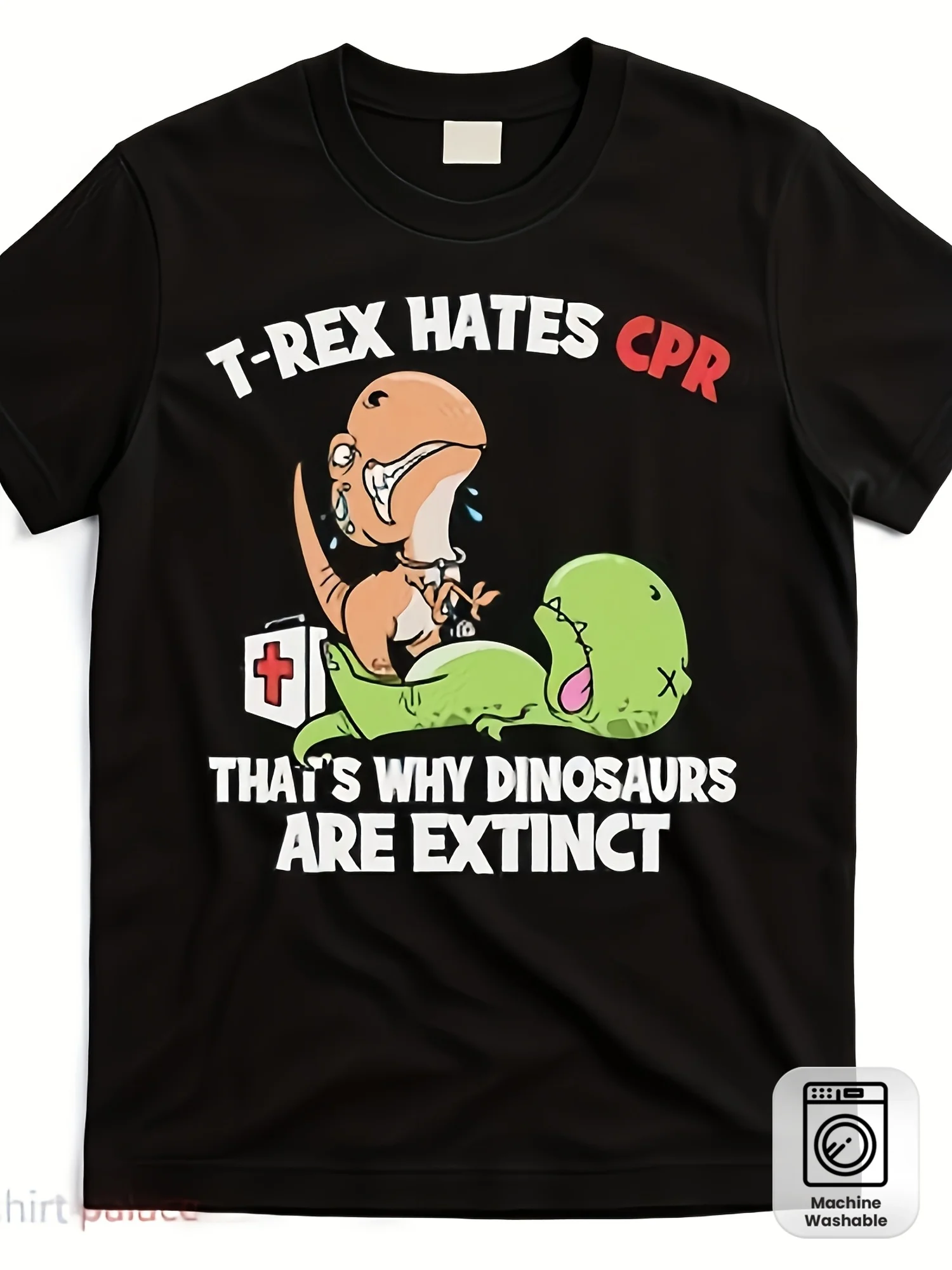 Funny T-Rex Dislikes Cpr Dinosaur Nurse T-Shirt - Retro Humorous Graphic T-Shirt, Unisex, Crew Neck Shirt, Featuring Dinosaur Cpr Card Design, Machine Washable Casual Wear, Casual Clothing Graphic Print Crew Neck T-Shirt Gift