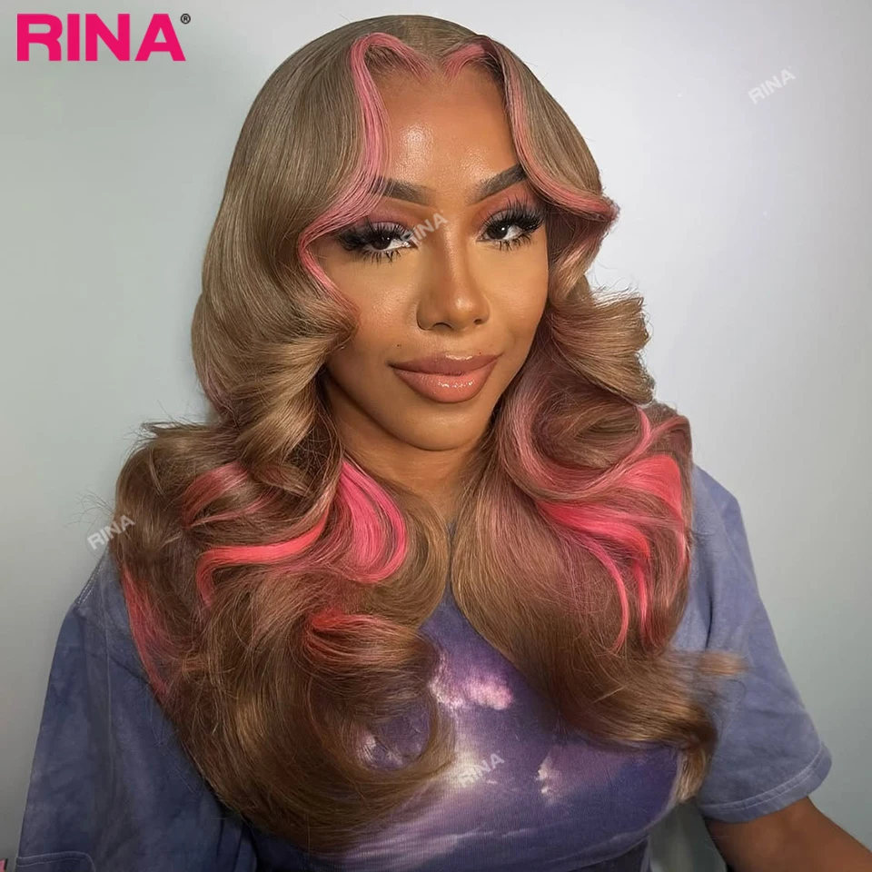 Pink Brown Highlight Lace Frontal Wig 13x4 13x6 Body Wave Lace Front Wig Preplucked Brazilian Human Hair Drawstring Wigs
