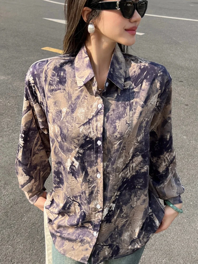 

Women Spring Shirt Korean Version Fashion New Casual Versatile Tie Dye Niche Loose Comfortable Ink Wash Chiffon Shirt BL090