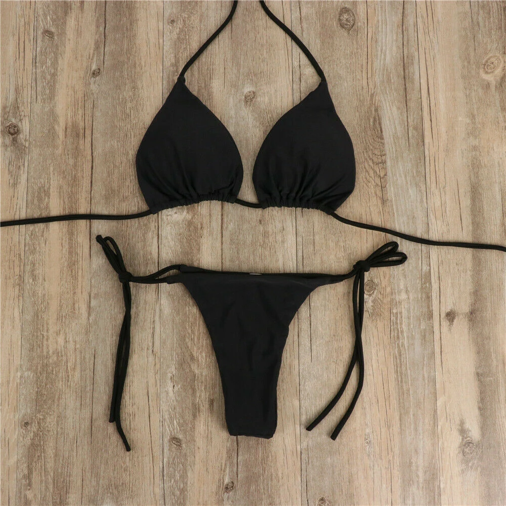 Women Thong Bikini Set Side Lace-up Sexy Swimsuit Bandage Neck Tie Swimwear Brazilian Style Bikini Underwear