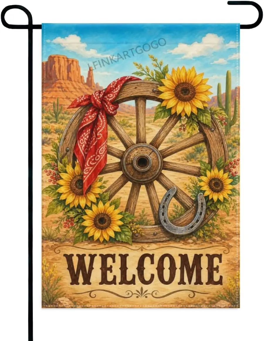 Wagon Wheel Garden Flag Wood Wagon Wheel with Sunflowers Bandana and Desert Welcome 12x18 Inch Double Sided Polyester Yard F xxl