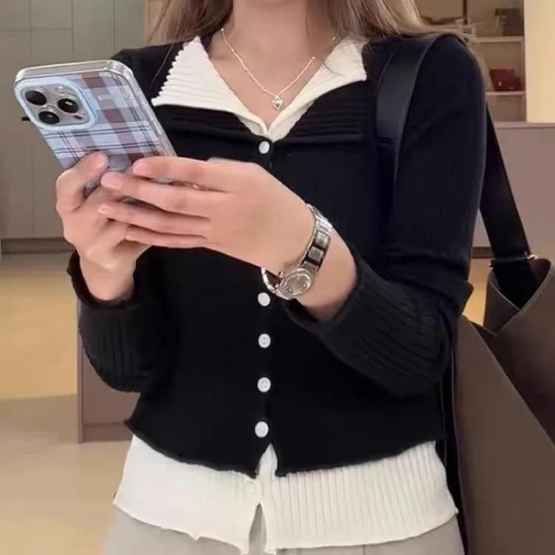 وهمية 2 قطع سترة متماسكة التلبيب Y2K سليم كم طويل سترة للنساء عادية لصق المرقعة البلوز البلوز تريكو