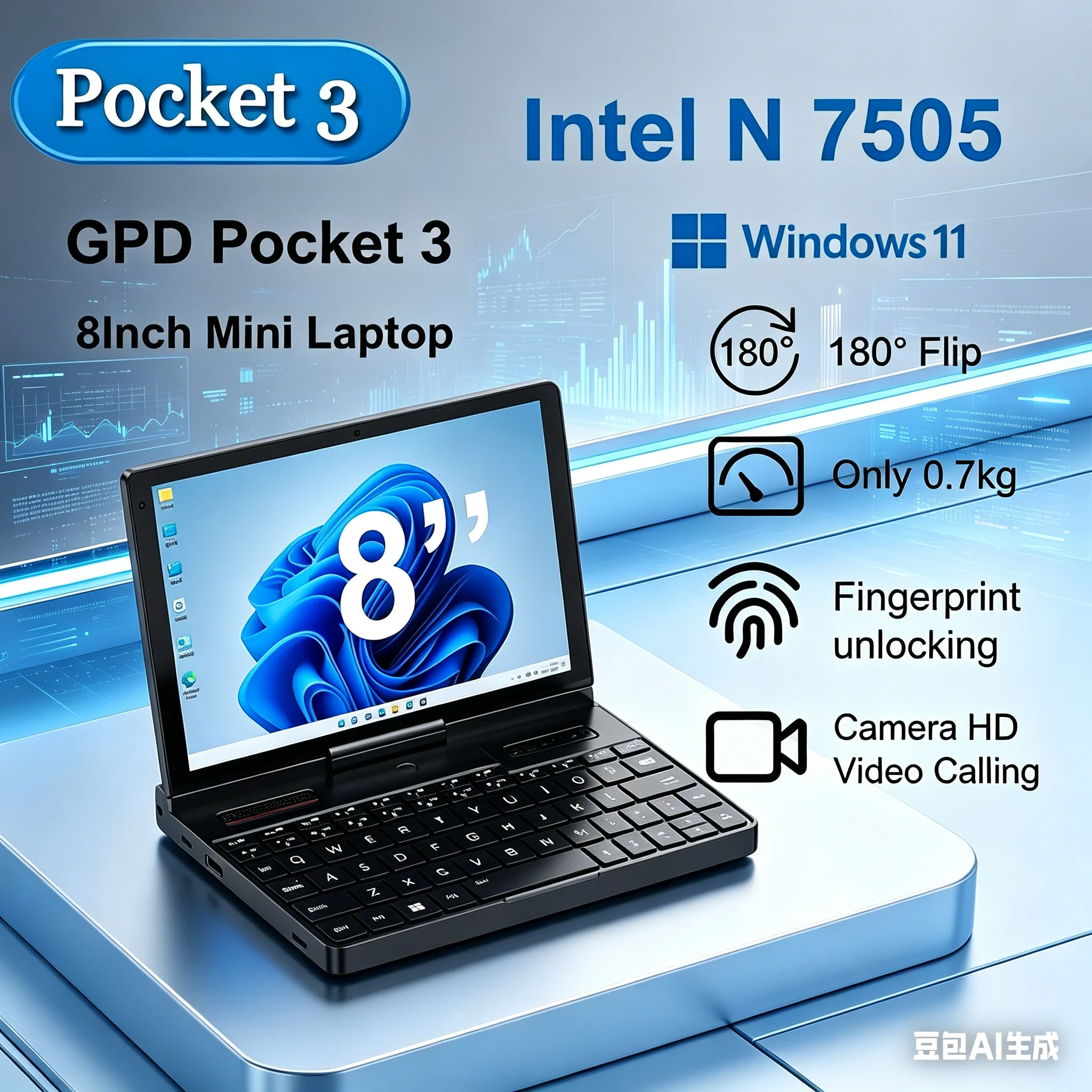 

Hot Sale GPD Pocket 3 Portable Laptop, 8Inch Intel Gold 7505, 16GB 512GB SSD, Modular Handheld Computer, Windows 11
