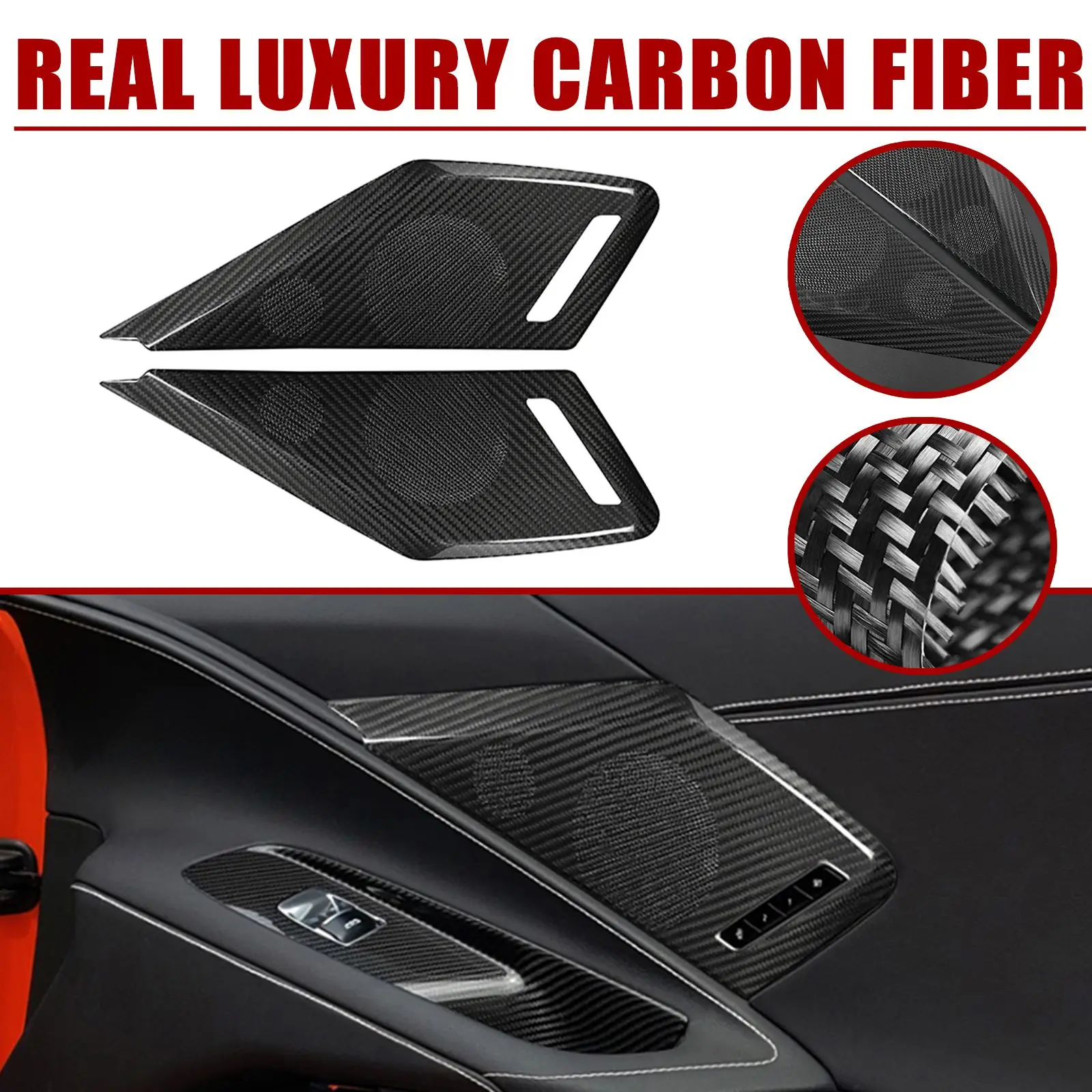 Red Real Carbon Fiber Door Sound Speaker Cover Trim For Corvette C8 2020-2024
