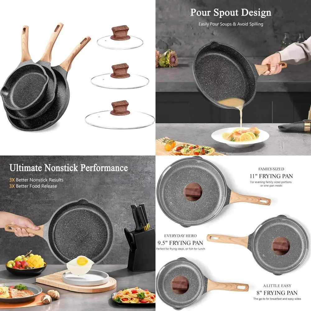 

Non-Toxic Granite Egg Omelette and Skillet Pan Set with Lids for Healthy Cooking