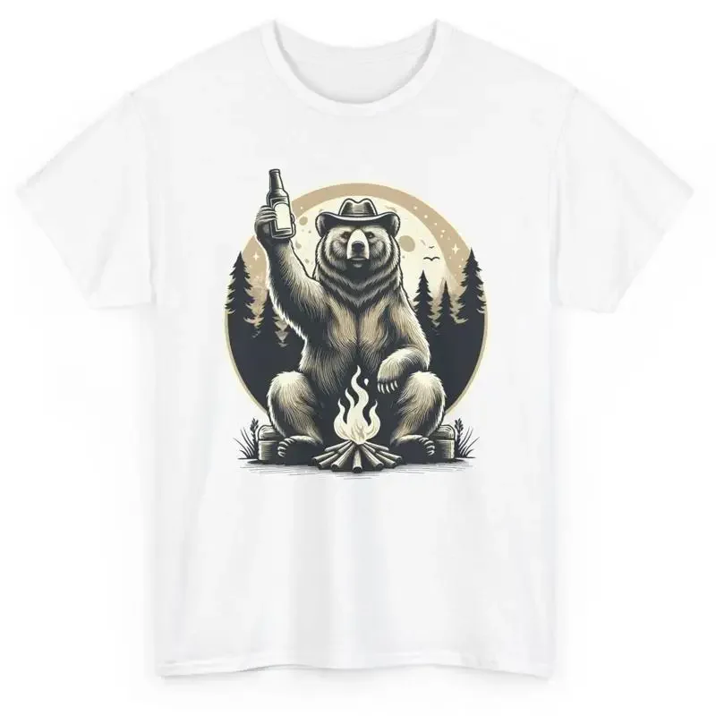 Cowboy Bear Drinking Beer Funny T Shirt Camp Fire Woods Outdoor