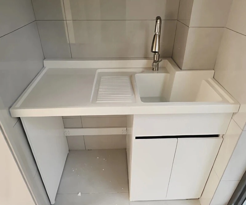 All-in-One Balcony Laundry Cabinet, Washing Machine Storage Organizer with Sink and Washboard