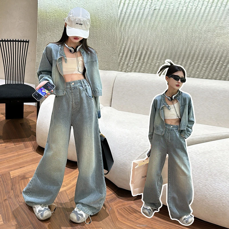 

Girls Suits Spring Set 2024 New Girls Big Children Spring Clothing Foreign Style Children Korean Fashion Denim Two-piece Set