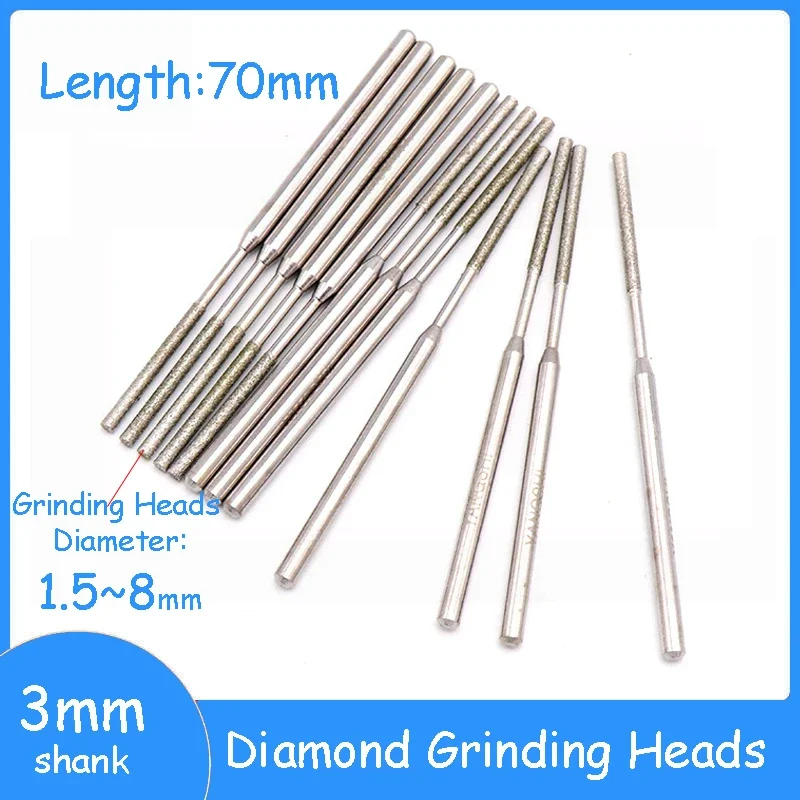 

5/10pcs 1.5-8mm Diamond Boron Nitride Grinding Bits 70mm Long Flat Cylindrical Burr Tip 3mm Shank Engraving Bits For Rotary Tool