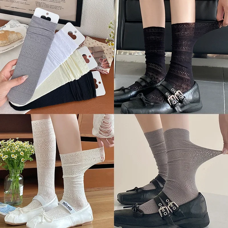 甘いメッシュ中空白パイルソックス透明薄型レースソックスシルクレトロフラワークルーソックス女性レディース