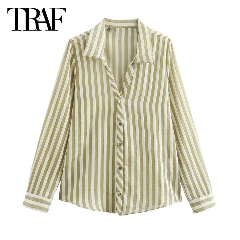 TRAF Women\'s Shirts & Blouses 2024 Spring Summer Autumn Long Sleeve Striped Shirts Ladies Fashion Casual Office Green Shirts