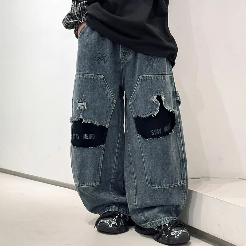 Korean Style Kids Fashion Ripped Jeans with Patches for Tween Boys Street Denim Pants Children Trend Baggy Hiphop Dance Trousers