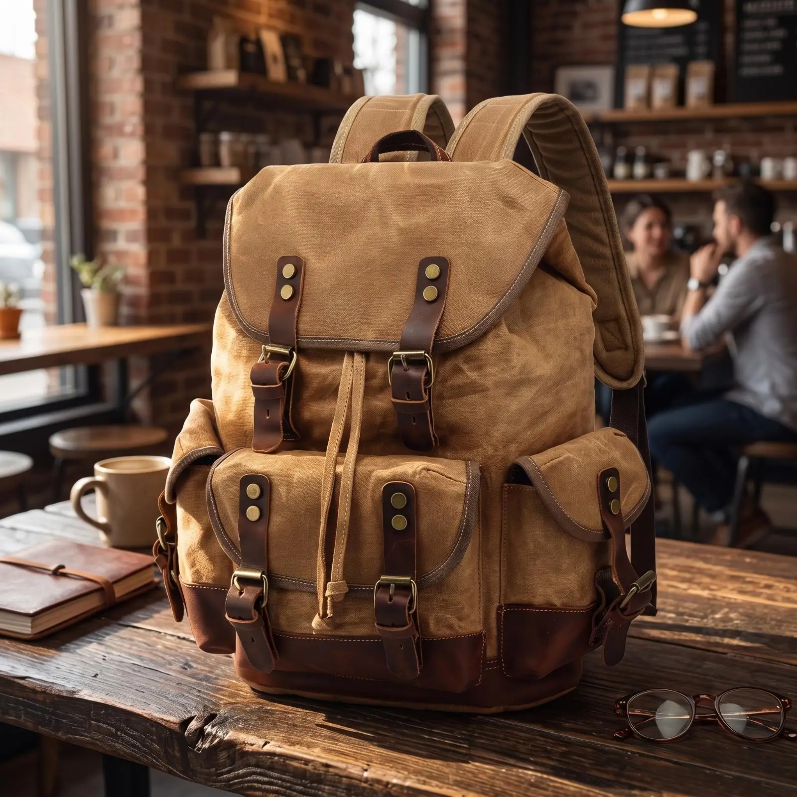 Waxed Canvas Backpack Rugged Daypack Padded for Outdoor, Travelers, Students