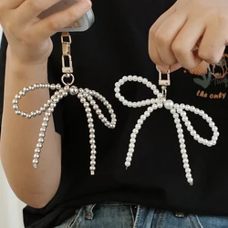 Korean Pearl Bow Pendant Keychain Women Sweet Fashion Backpack Key Ring Handmade Mobile Phone Pendant Jewelry Ornament Gifts