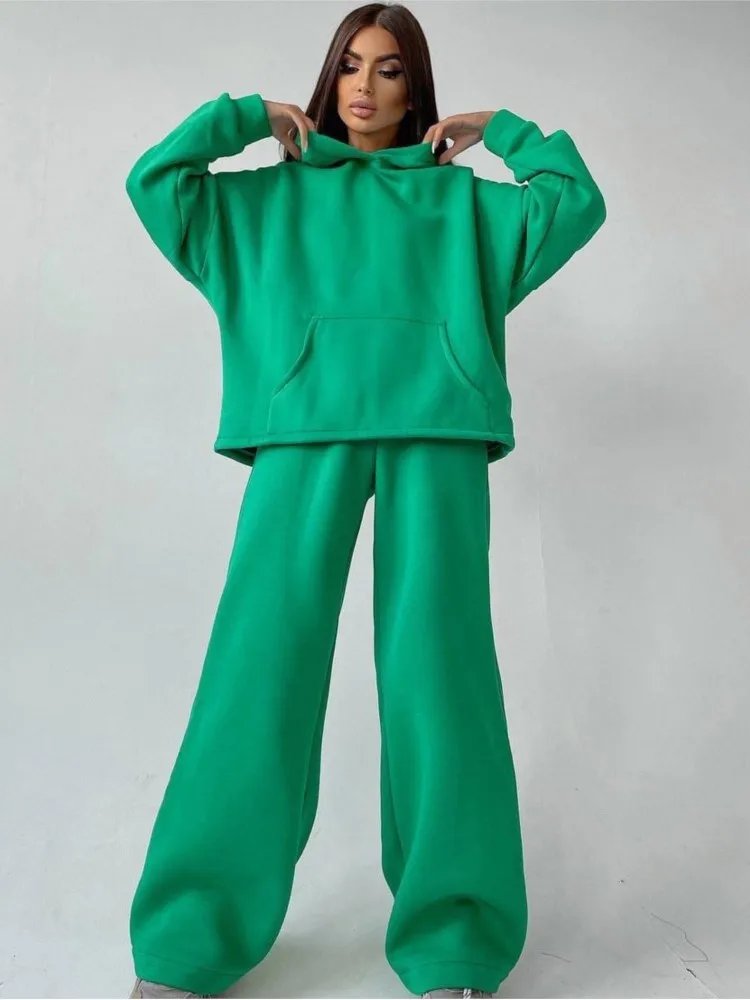 

Woman's Solid Color Hooded Sweatshirt Pant Two-piece Set Fashion Long Sleeves Pocket Pullovers Pants Suits Ladies Loose Outfit