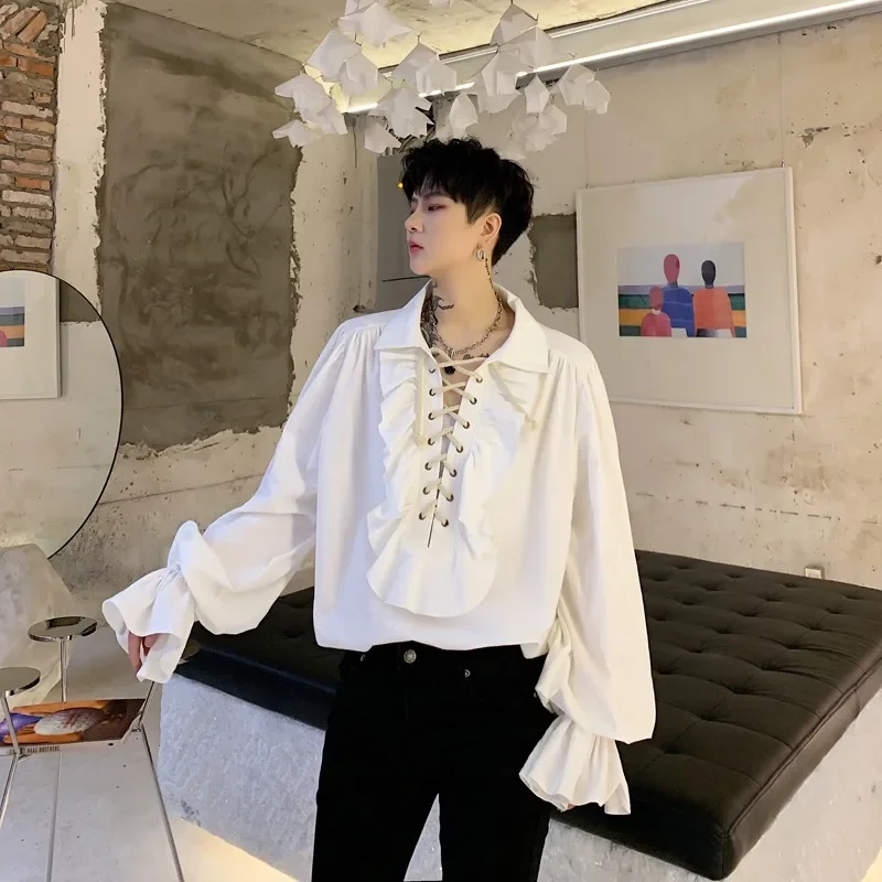 Vintage Cuff Neckline Ruffle Edge Drawstring Long Sleeve Shirt Men And Women Internet Celebrity Personalized Court Shirt