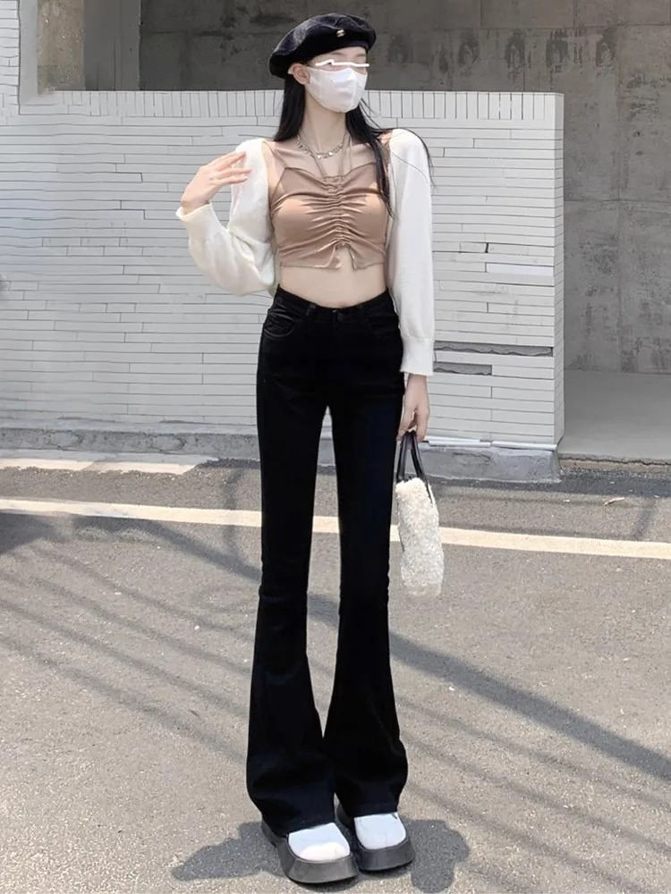 

High Waist Bell Bottom Jeans Women's Slim Fit Black Denim Pants Spring Autumn New Style Versatile Fashionable Cotton Stretch