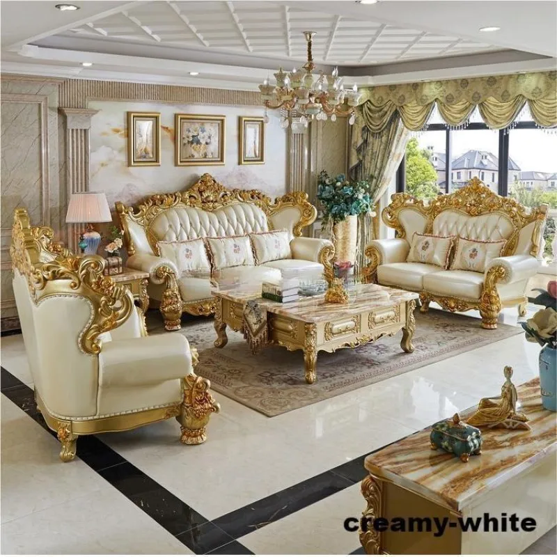 7 seater royal luxury Antique living room furniture original leather sofa set white and gold fabric living room sofa set