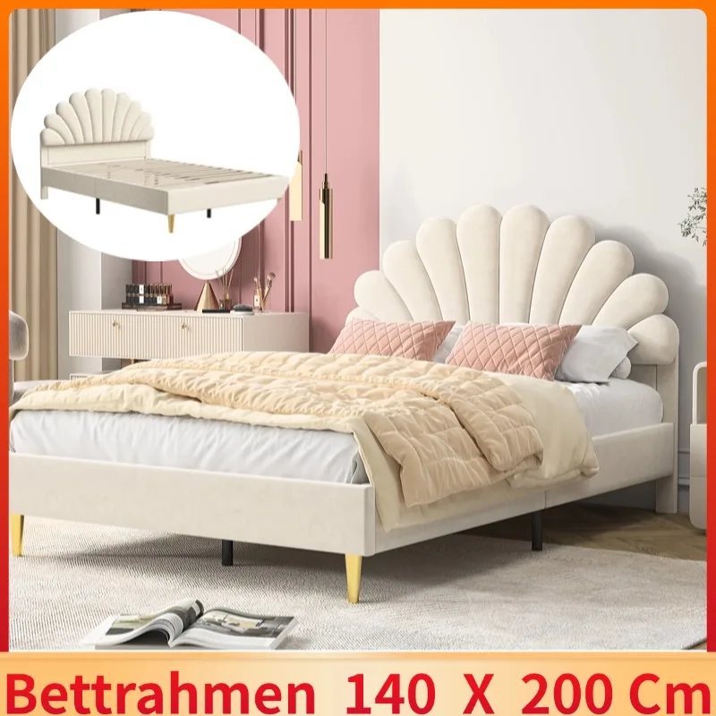 Upholstered double bed 140 x 200 cm, bed frame with flower-shaped headboard and slatted frame - beige - No mattress