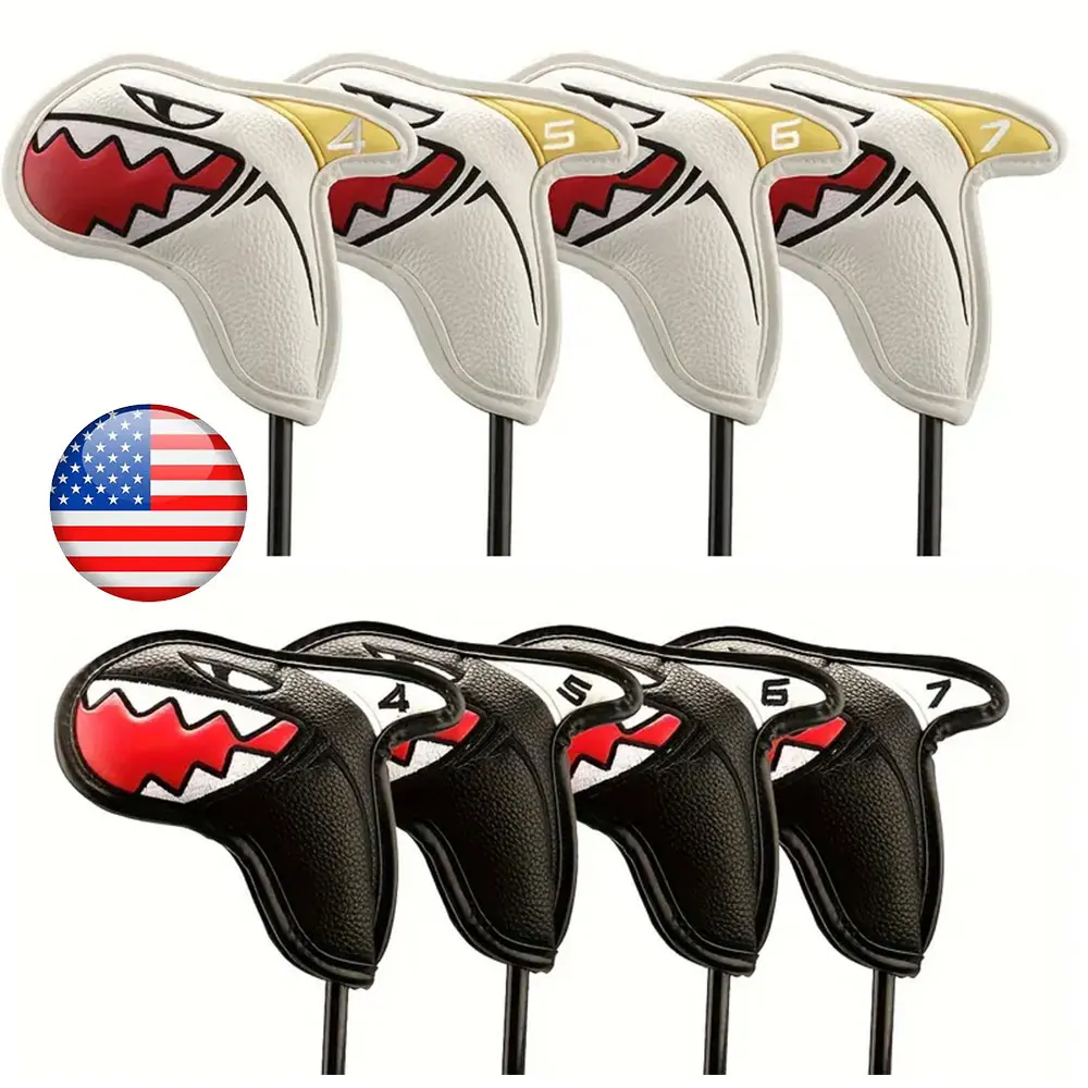 

Shark Design Golf Iron Head Covers 9 Piece – Black White Waterproof PU Leather Numbered 4-9 AW PW SW for Golf Practice Games
