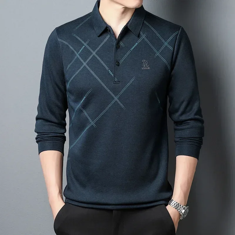 BROWON 2026 Polo Spring Autumn Polo Shirt Men Print Long Sleeved Men Turn-Down Collar Business Casual Men Top Work T Shirt Man