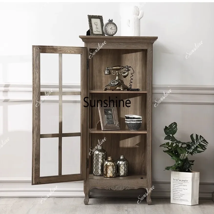 

YAmerican country solid wood display cabinet living room against the wall storage drawer