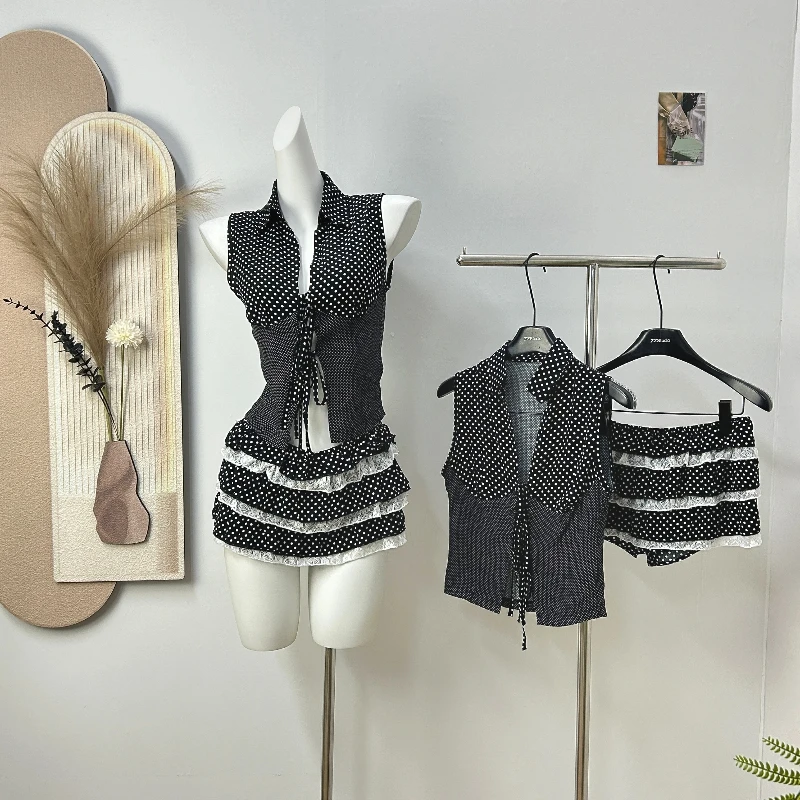 

Sexy Vintage Elegant 2 Piece Set Women Y2k Polka Dot Design Tops + Retro Mini Cake Skirt Female Korea Style Chic Outfits Summer