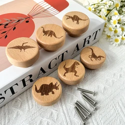6Pcs Beech Wood Engraved Cute Dinosaur Dresser Knob Kitchen Cabinet pulls Single Hole Drawer Knobs Furniture Handle